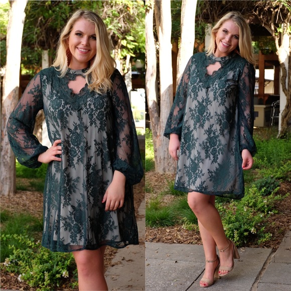 PLUS Emerald Lace Long Sleeve Dress - Picture 2 of 5